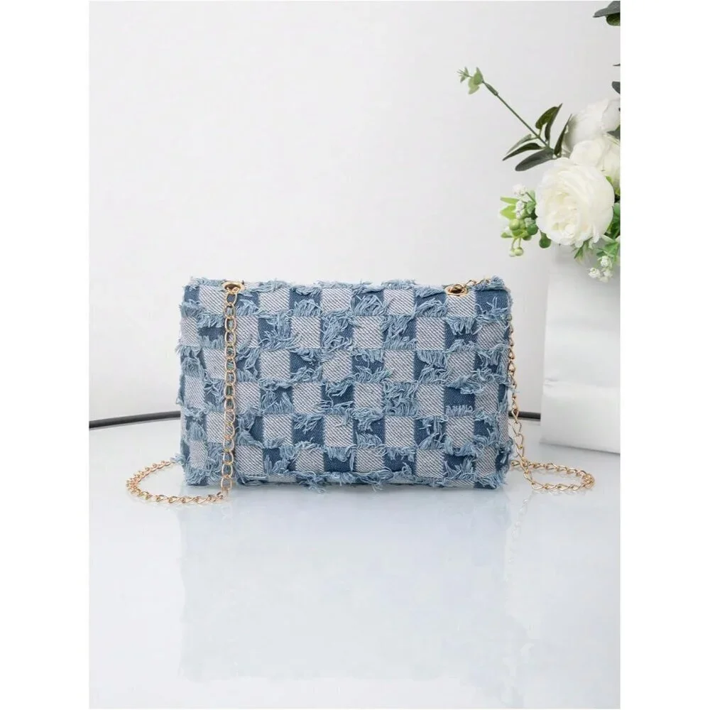 Women's Distressed Denim Crossbody Bag Mini Purse with Chain and Twist Lock